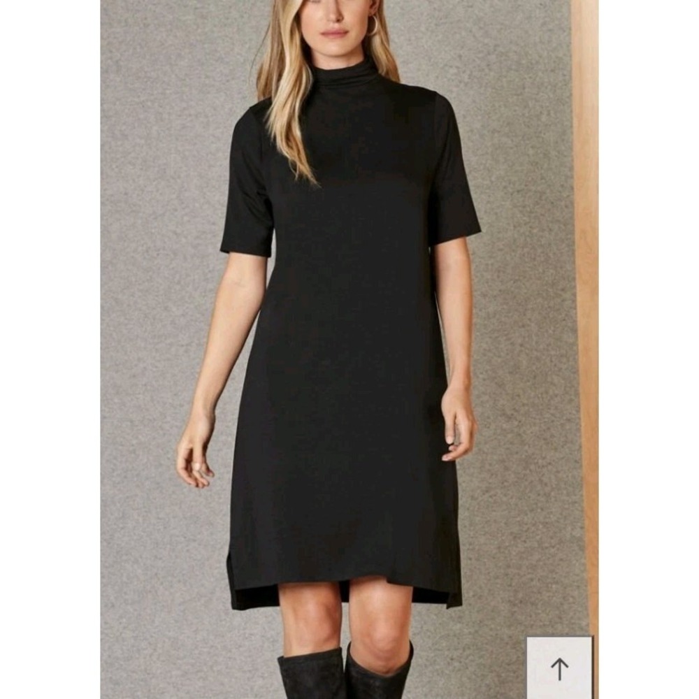 Eileen Fisher Jersey Mock Neck Viscose Dress Womens XL Black Minimalist Casual